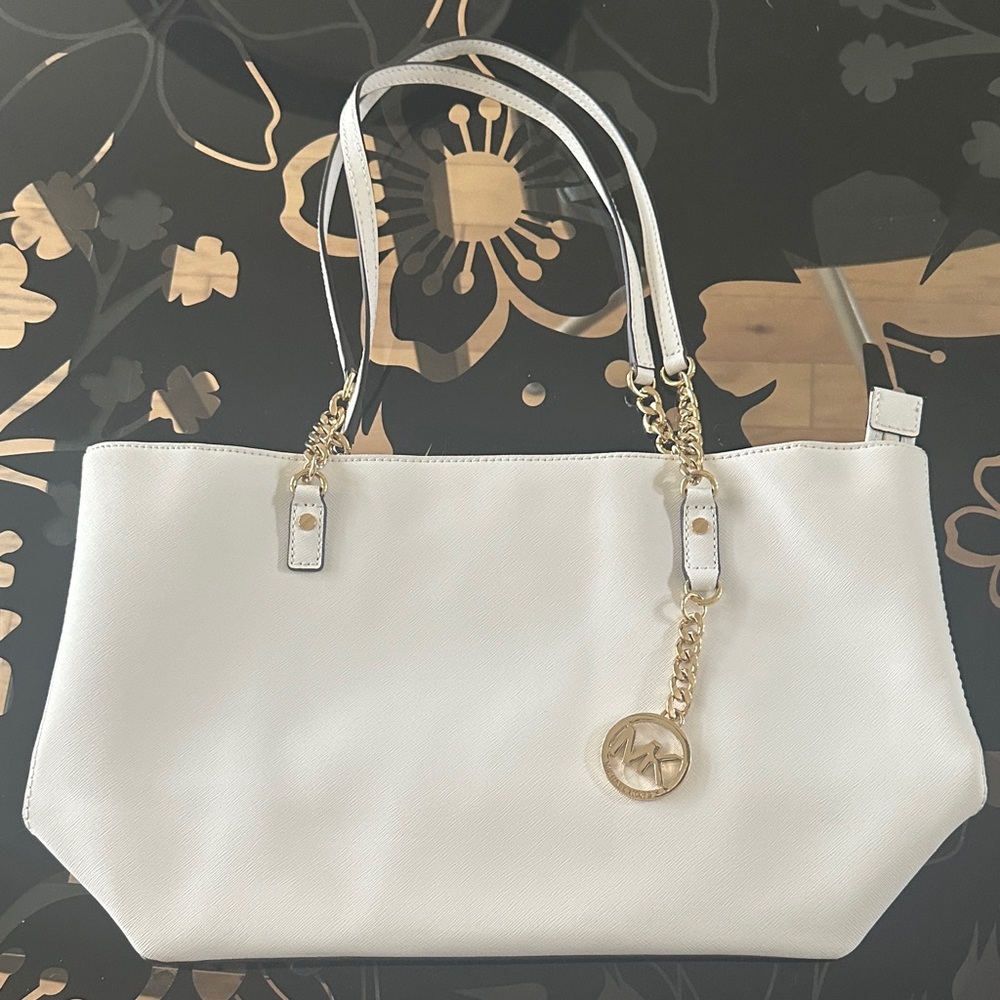 Michel Kors White Tote Bag with Gold Accents